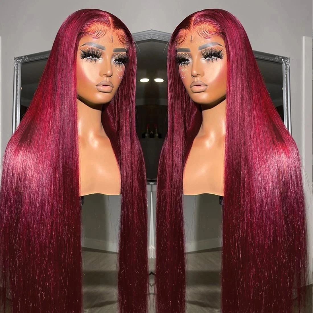 99J Red Lace Front Human Hair Wigs Colored Straight Burgundy 13X6 Transpare - £74.60 GBP+