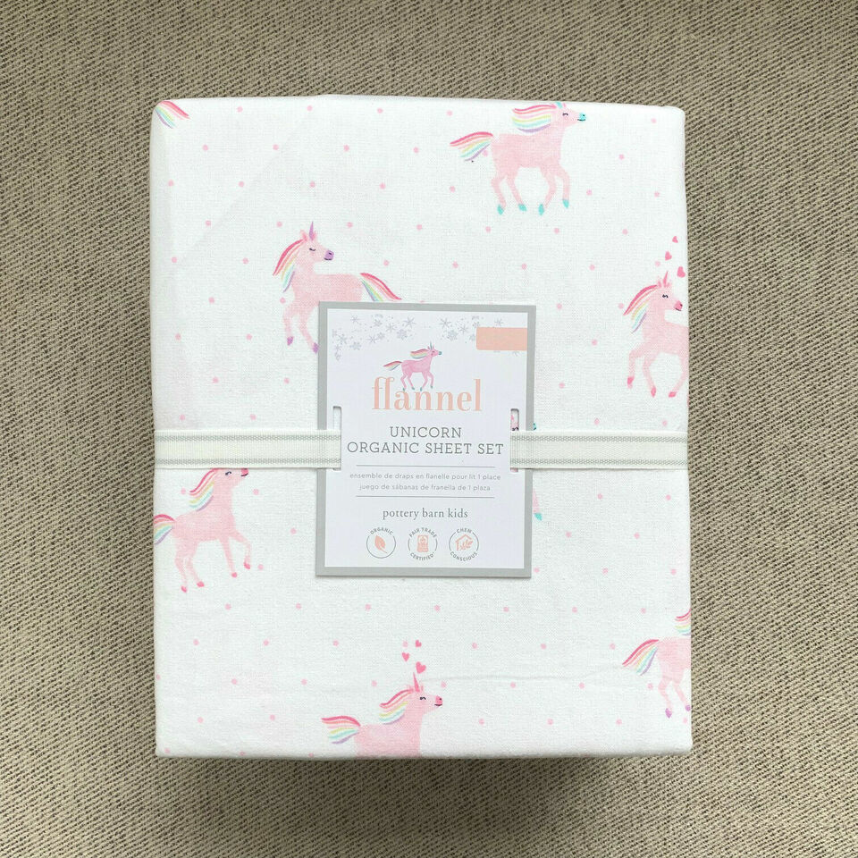 Pottery barn kids Organic Flannel Rainbow Unicorn Sheet set Pink Unicorn NEW WTG