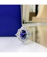 2Ct Oval Cut Simulated Blue Sapphire Halo Pendant 14K White Gold Plated ... - £66.02 GBP
