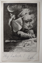 Salem Witch Flying Devils Out Of Cauldron Moon Black Cat Postcard 1905 WB Porter - £147.81 GBP