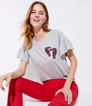 New Ann Taylor LOFT Women Gray Red Toucan Embroidered Ruffle Cotton T-shirt S - £19.53 GBP