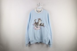 Vtg 90s Country Primitive Womens XL Cat Kitten Pillow Sweatshirt Carolina Blue - £40.88 GBP