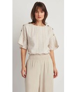 NWT ELLEN TRACY S linen blend white tan stripe coconut buttons loose top... - $67.90 CAD