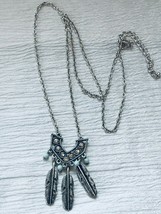 Estate Long SIlvertone Chain with Three Feathers Light Blue Plastic Bead... - $10.39