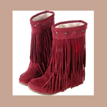 Mid Calf Moccasin Tassel Fringe Style Mountain Boot - Maroon/Red