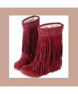 Mid Calf Moccasin Tassel Fringe Style Mountain Boot - Maroon/Red - £55.11 GBP