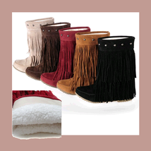 Mid Calf Moccasin Tassel Fringe Style Mountain Boot - Maroon/Red image 3