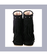 Mid Calf Moccasin Tassel Fringe Style Mountain Boot - Black - £55.11 GBP