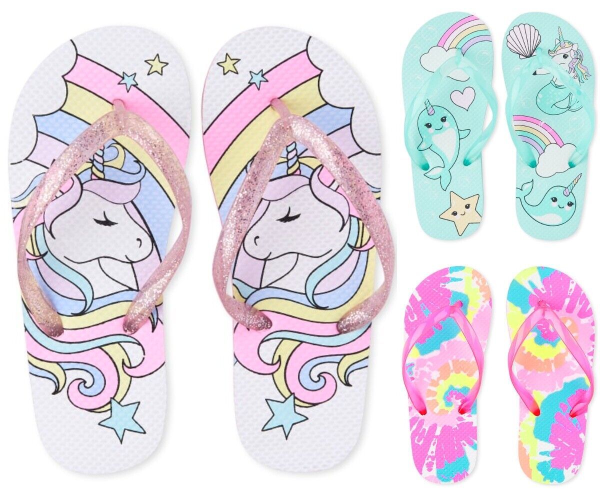 NWT The Childrens Place Unicorn Tie Dye Narwhal Girls Flip Flops Sandals... - $3.99