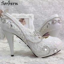 White Fashion Wedding Shoes Crystals Heels Women Bridal Shoes Platform Slip On L - £75.16 GBP