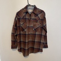 VTG Mervyns Shirt Mens Medium Red Tan Black Pearl Snap Plaid Wool Flannel - $32.53 CAD