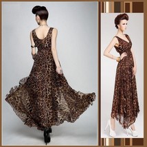 Sheer Layered Leopard Chiffon Prom Gown Empire Waist & V Neck Ruffled Hemline