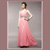 Soft Layered Pink Chiffon Prom Gown w/ V Neck, Glass Bead Waist & Floor Hemline