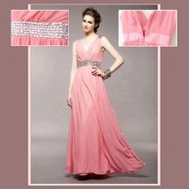 Soft Layered Pink Chiffon Prom Gown w/ V Neck, Glass Bead Waist & Floor Hemline image 2