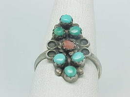 Turquoise And Coral Sterling Silver Ring   Size 8   Vintage Artisan Crafted - £37.59 GBP