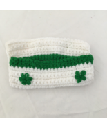 Vintage hand knitted travel tissue holder white with green trim clovers - $19.75