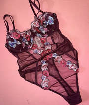 Victoria&#39;s Secret M Teddy one-piece Bodysuit Kir Pink Maroon Floral Embroidered - £79.12 GBP