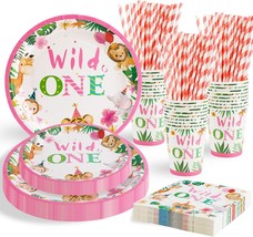 Wild One Happy Birthday Jungle Safari Party Plates Napkins and Cups Set - £10.05 GBP
