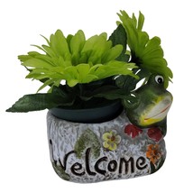 Frog Ceramic Planter Clay Toad Plants Pot Cachepot Green Gray With Flowers - $11.87