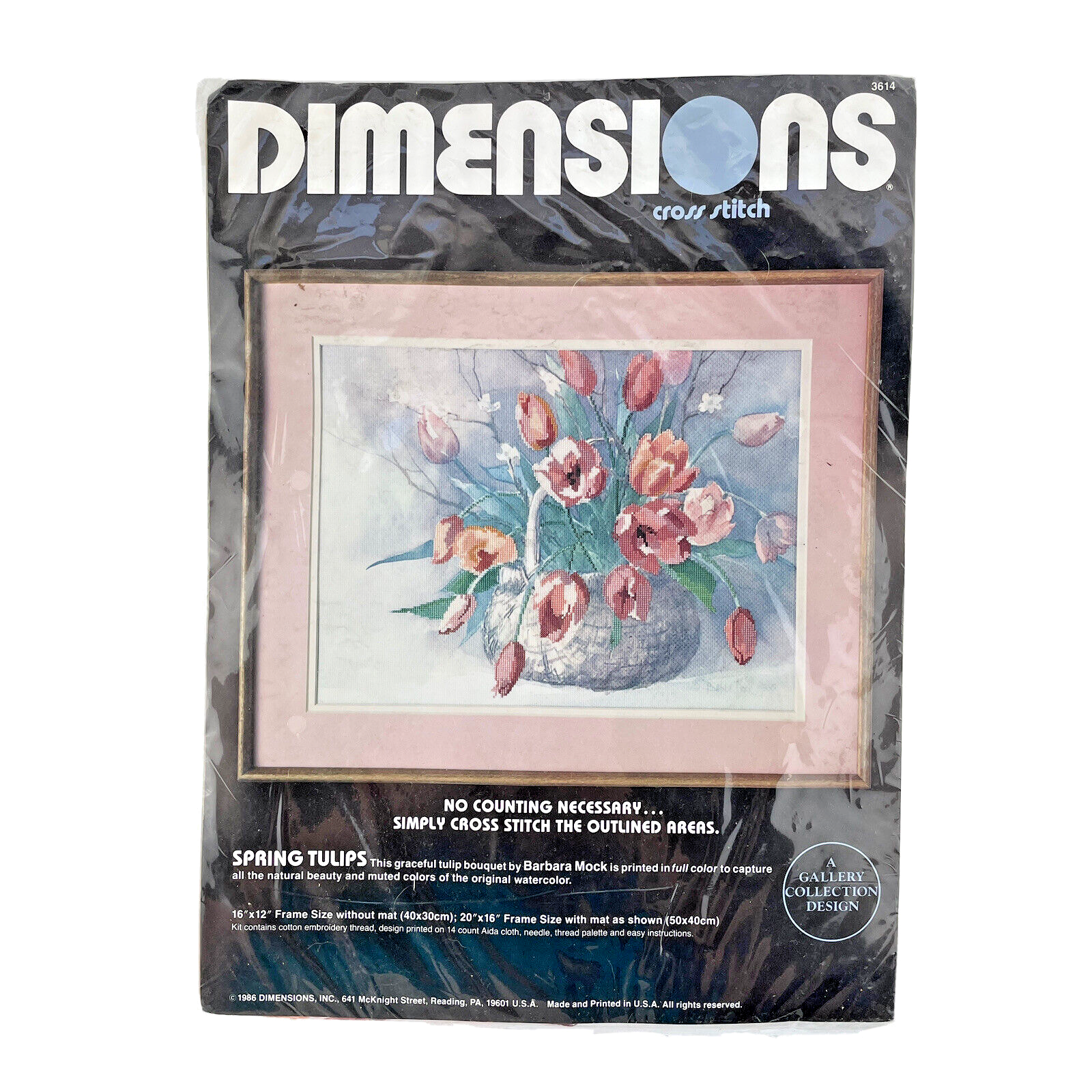 Dimensions Cross Stitch No Count Spring Tulips Pink Floral 16x12 in Vintage 1986 - $16.35