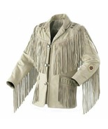 Men Western Style Cowboy Suede Leather Jacket With Fringe &amp; Bead Work - $54.48+