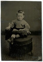 CIRCA 1860&#39;S 1/6 Hand Tinted TINTYPE Featuring Adorable Child Posing on Chair - £10.93 GBP