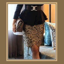 Floral or Paisley Gold Lace Crochet Black Lining Back Zip Up Pencil Skirt image 2
