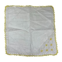 Vintage White Yellow Handkerchief Hanky Daisy Corner Crochet Border Pocket Scarf - £14.75 GBP