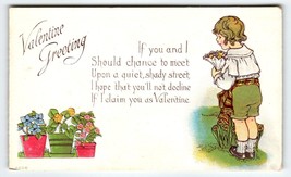 Valentines Day Postcard Man Child Flower Pots Vintage Embossed Greetings Antique - $15.68