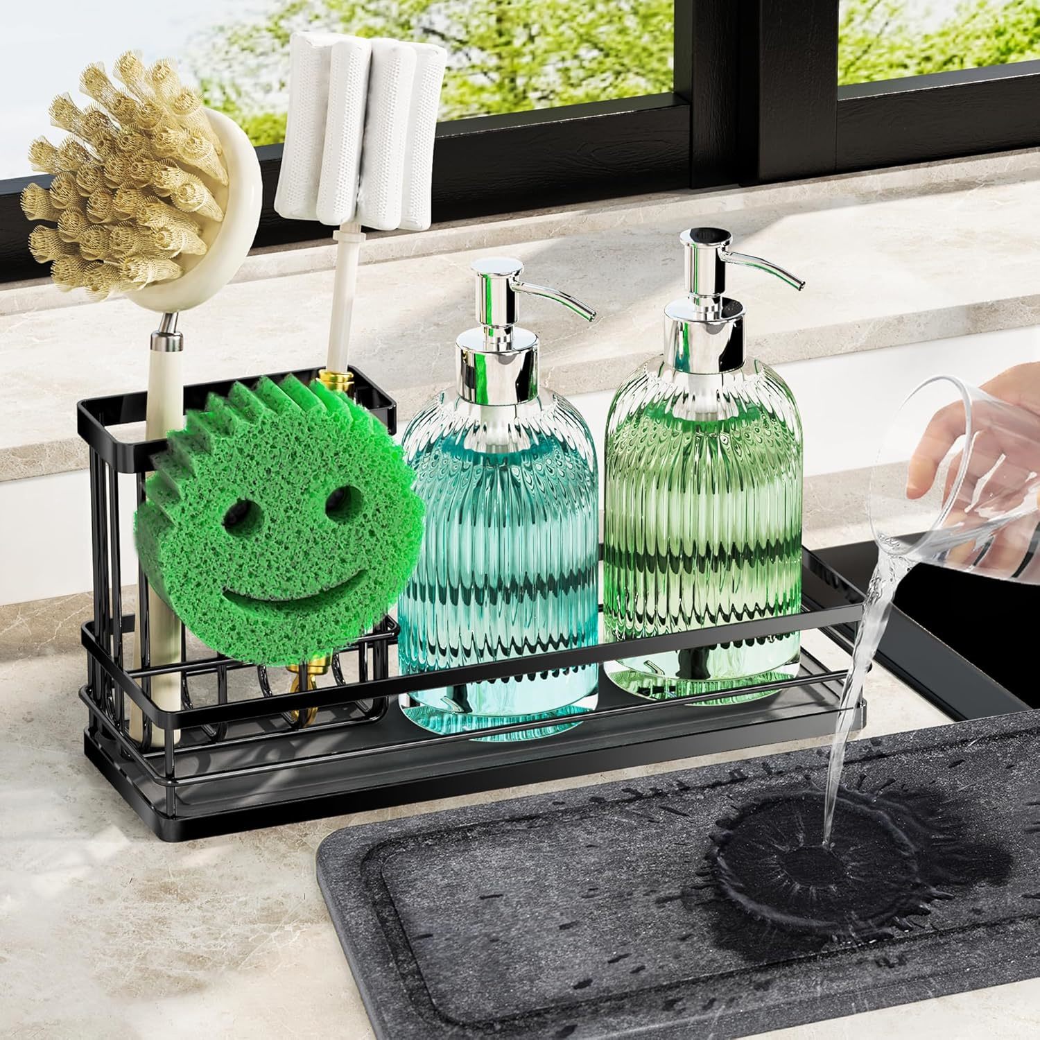 Sink Caddy Organizer With Water Absorbing Stone Tray, Instant Dry Sponge... - $31.93