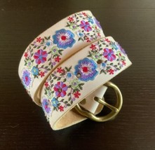 Lucky Brand Women’s Boho BELT White Leather Floral Embroidery 36” Long Sz. Small - £42.90 GBP