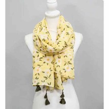 Yellow White Cottage Floral Design Lightweight Tasseled Scarf - $24.75