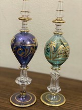 Pair Of Mouth Blown Egyptian Glass Bottle Gold Painted Pyrex Glass 9&quot; - £43.35 GBP