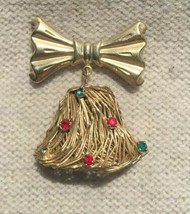 Vintage Costume Jewelry, Christmas Bell Brooch, Woven, Gold Tone, Unique... - $14.65