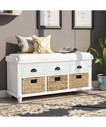 TREXM Rustic Storage Bench: 3 Drawers, 3 Rattan Baskets, White Shoe Bench - $352.99
