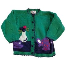 Vintage 90s Girls Sz 4 Tea Time Cardigan Sweater Green Purple Ramie Chunky - $26.98