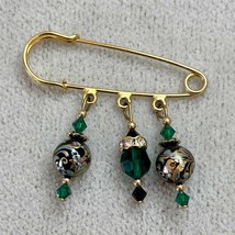 Vintage Gold-tone Safety Pin Brooch, Green Black Glass and Tensha Beads - $21.00