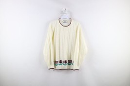 Vintage 70s Country Primitive Womens Large Cable Knit Flower Rose Sweater USA - £46.94 GBP