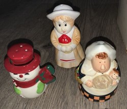 Woman Holding Baby, Snowman, &amp; Lady W Basket Of Fruit Set 3 Salt &amp; Pepper Shaker - £5.35 GBP
