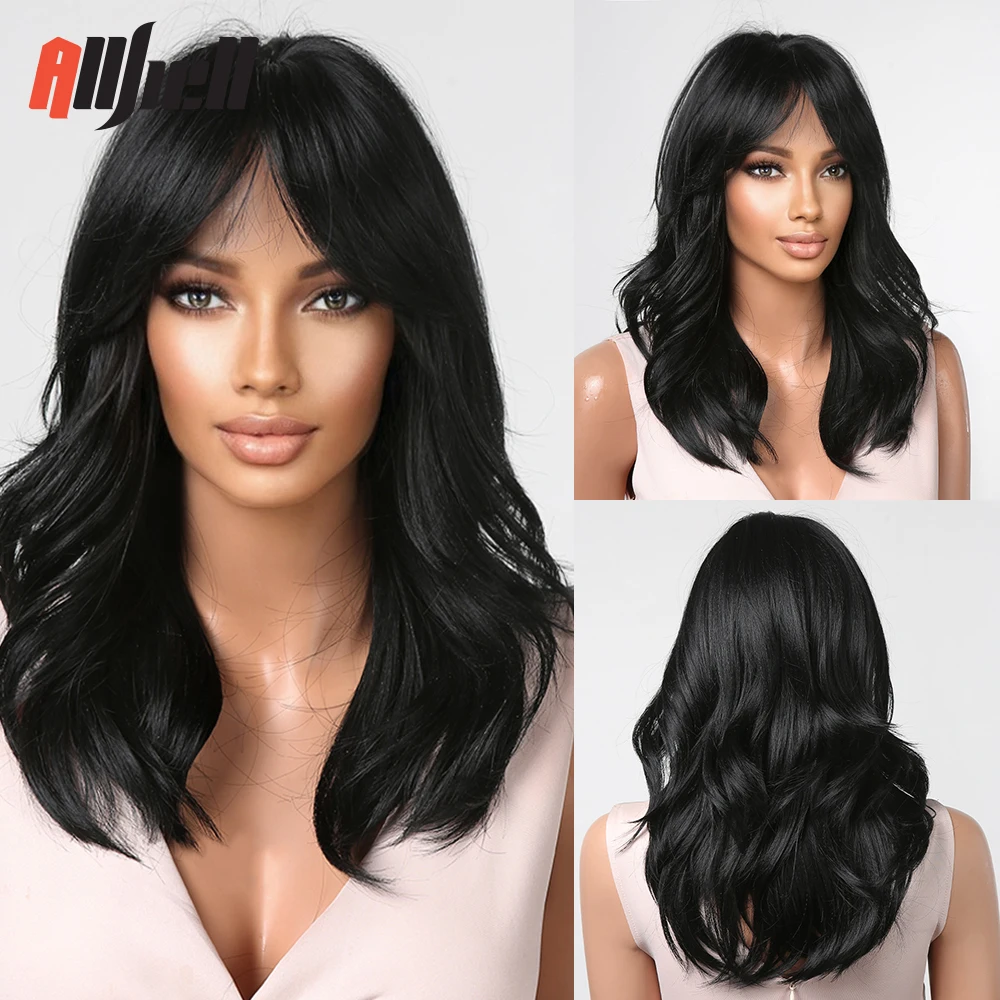 Black Wavy Synthetic Wigs Medium Length Natural Wave Wigs with Bangs for Wom - £11.74 GBP+