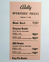 Bally Operators Prices List Arcade Game &amp; Bingo Pinball Sept 10 1955 Miami Beach - £11.21 GBP