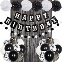 Black And White Happy Birthday Party Decorations, 30 Pcs Balloons Banner Foil Fr - £22.37 GBP
