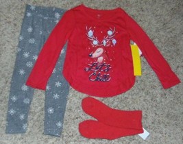 Girls Pajamas Christmas 2 Pc SO Red Gray Lets Chill Reindeer Tunic &amp; The... - £14.00 GBP