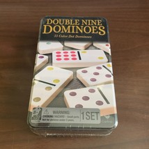 DOUBLE-NINE Dominoes Set of 55 Color Dot w/ Metal Storage Tin Domino New... - $18.65