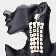 Gold Emerald Cut Crystal Dangle Earrings Fringe Chandelier Statement Jewelry - £27.69 GBP