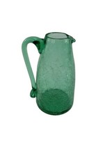 Vintage Small Green Crackle Glass Pitcher Creamer Hand Blown Clear Handle - $18.76