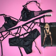 Victoria&#39;s Secret unlined 34C BRA SET+garter+s panty BLACK strappy satin ring - £95.25 GBP