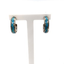 Vintage Sign Sterling Native American Inlay Turquoise Zigzag Hoop Stud E... - £31.65 GBP
