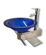 Modern Small Bathroom Vanity Wall-Mounted Pedestal Blue Glass Vessel Sin... - $514.79 CAD