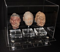 Set of 3 Chinese Han Dynasty Terracotta Heads on Lucite Stands in Display Case - £1,409.64 GBP